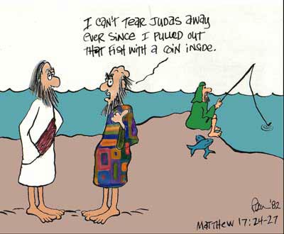 Bible Cartoon: Judas, the Fisherman, Matthew 17:23-37